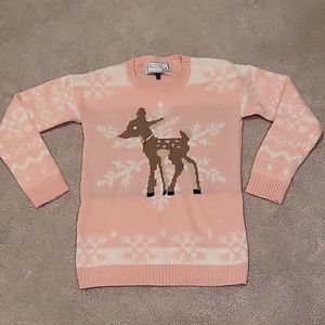 DEREK HEART Light Pink Reindeer Sequin Embellished Ugly Christmas Sweater Size L